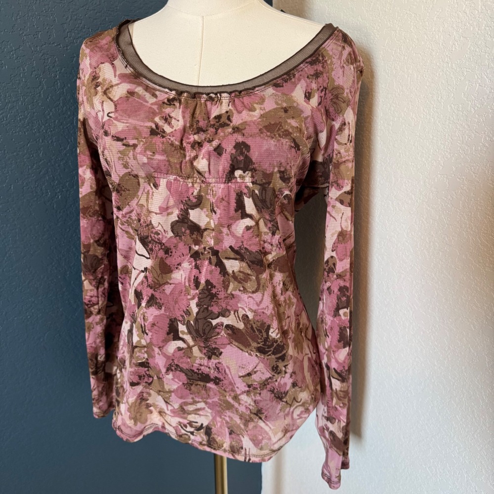 Whimsygoth Fairycore Axcess Floral Mesh Long Sleeve Top Pink Brown Large